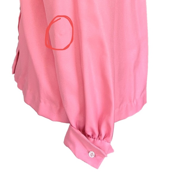 Vintage 70s peach pink bow button up long sleeve pleated secretary blouse - Picture 8 of 10